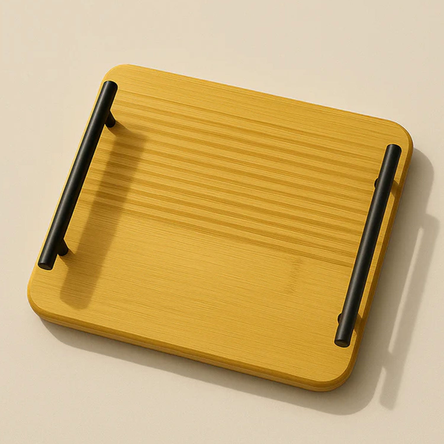 2-Piece Bamboo Serving Tray Set with Black Metal Handles