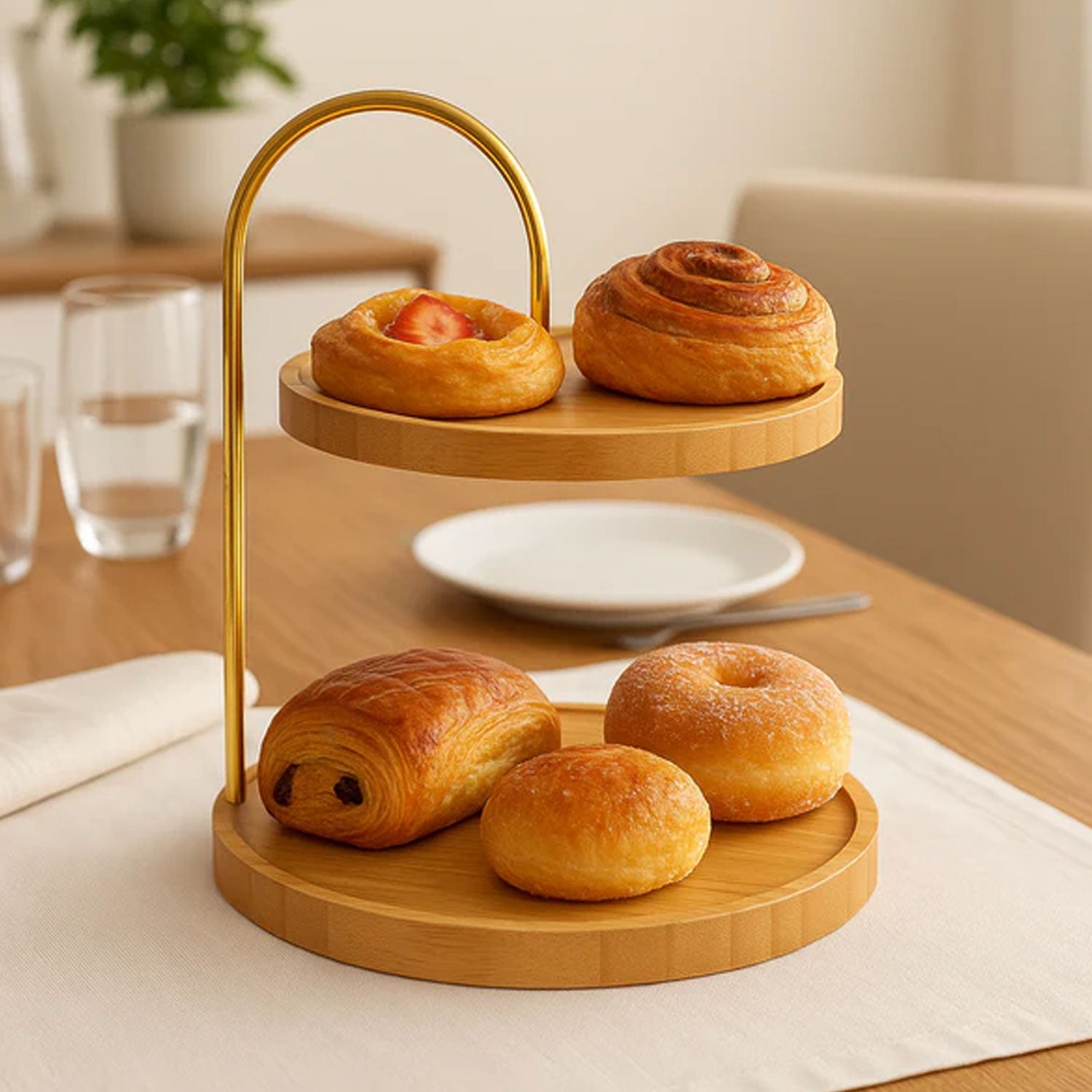 2-Tier Bamboo Serving Stand with Gold Metal Handle