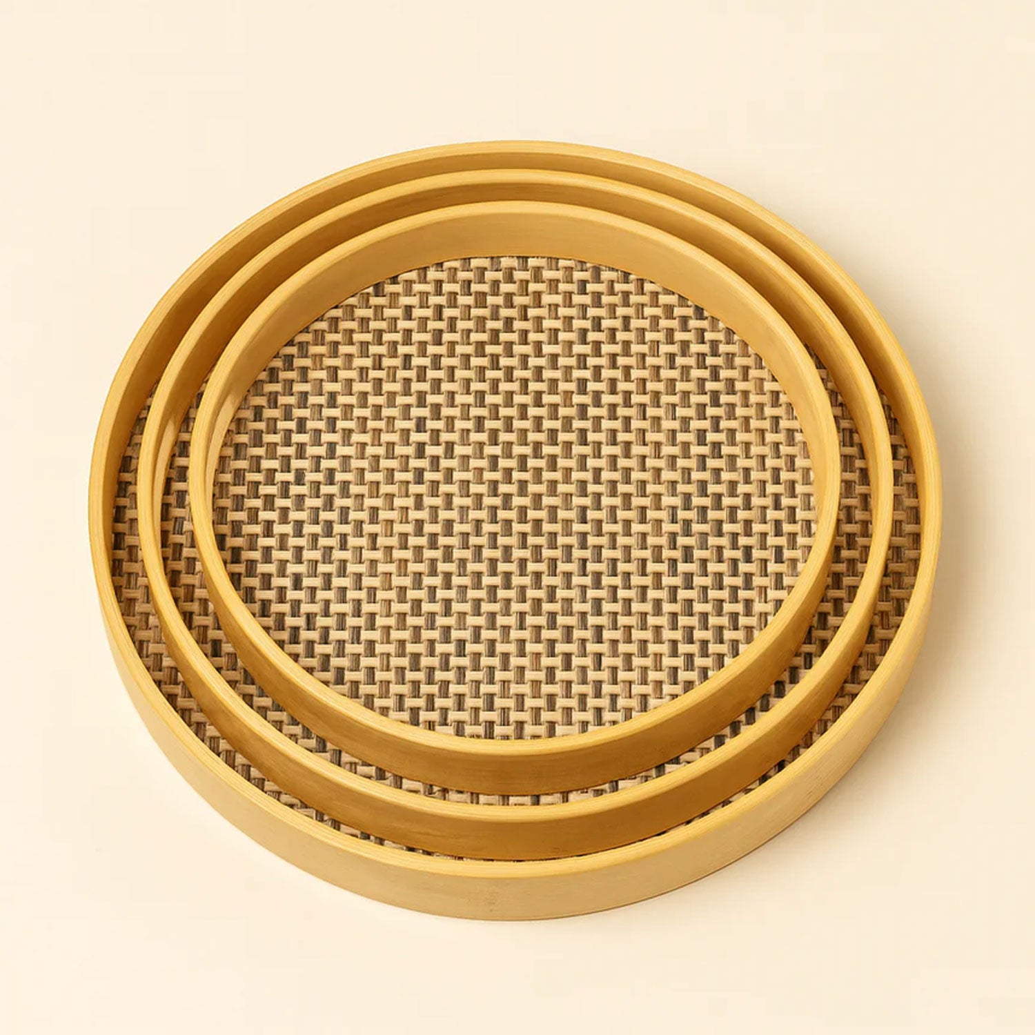 3-Piece Round Bamboo & Rattan Serving Tray Set