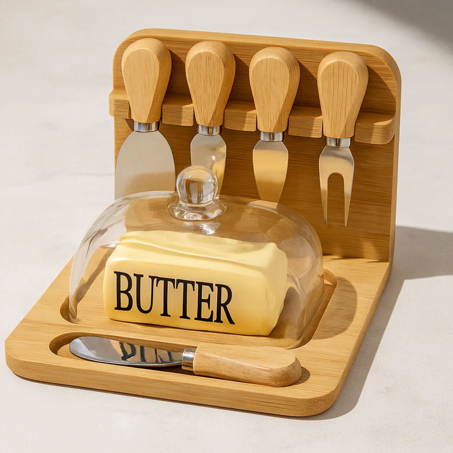 Butter Dish and Cheese Knife Set with Bamboo Base and Glass Lid