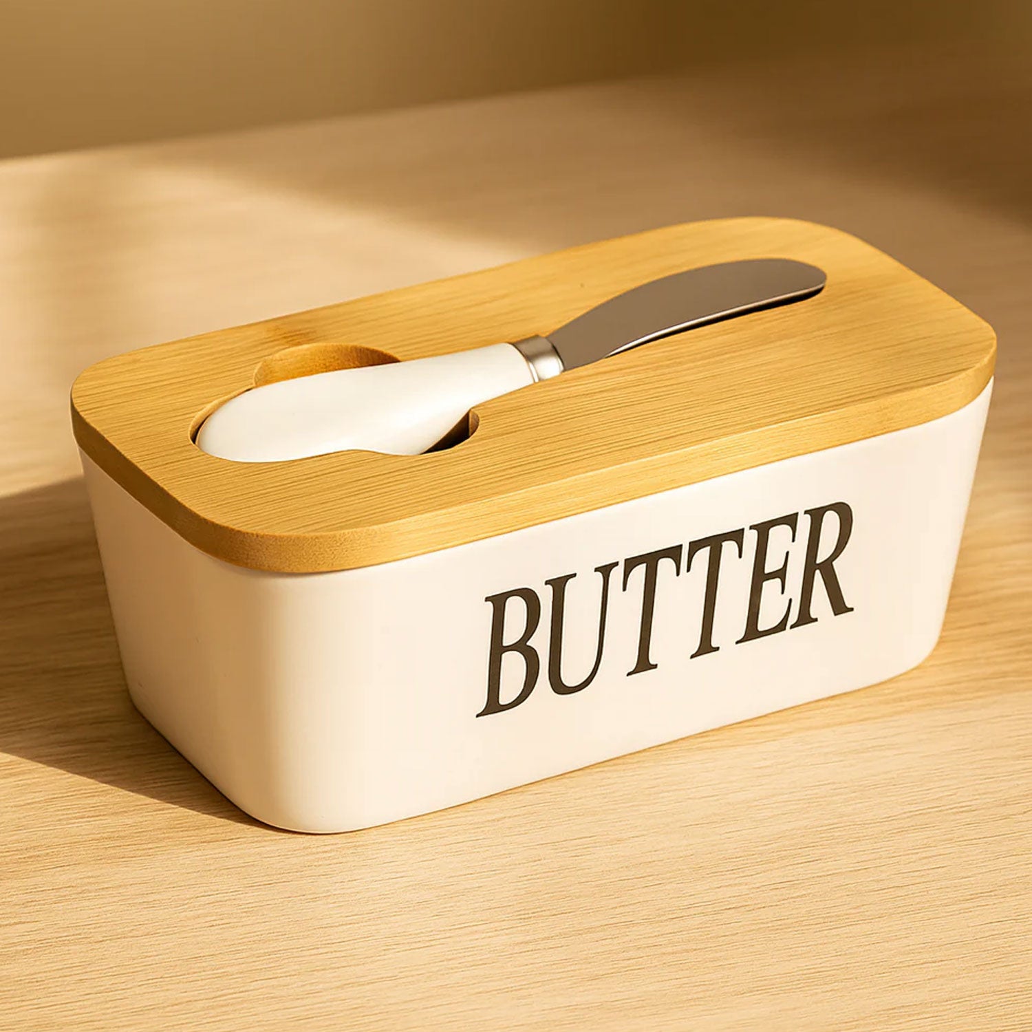 Ceramic Butter Dish with Bamboo Lid and Knife