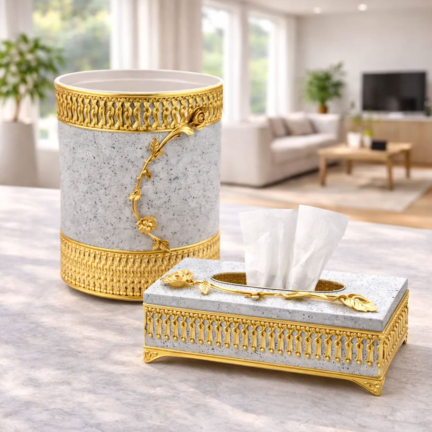 Decorative Tissue Box & Dustbin Set