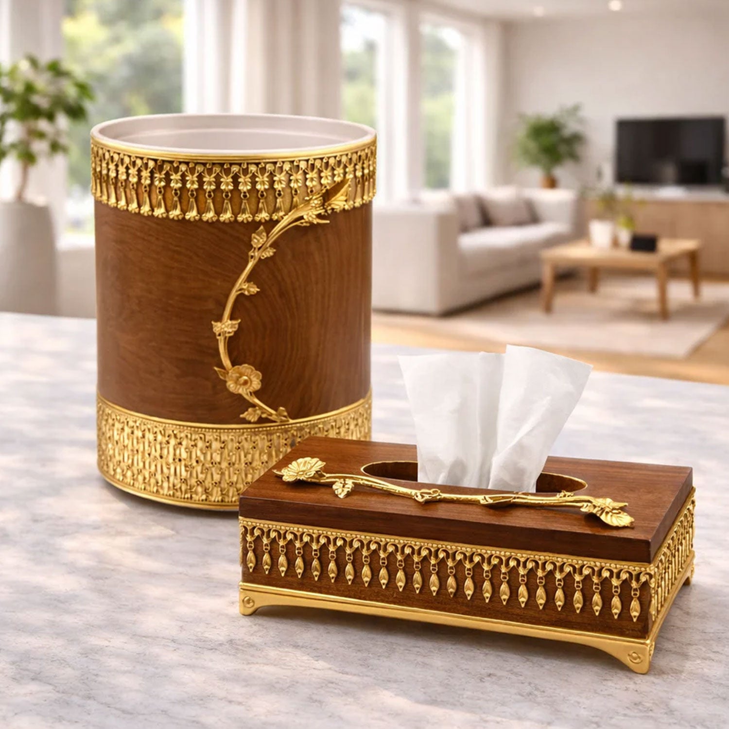 Decorative Tissue Box & Dustbin Set