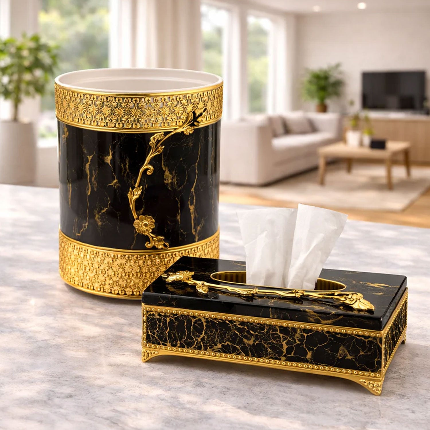 Decorative Tissue Box & Dustbin Set