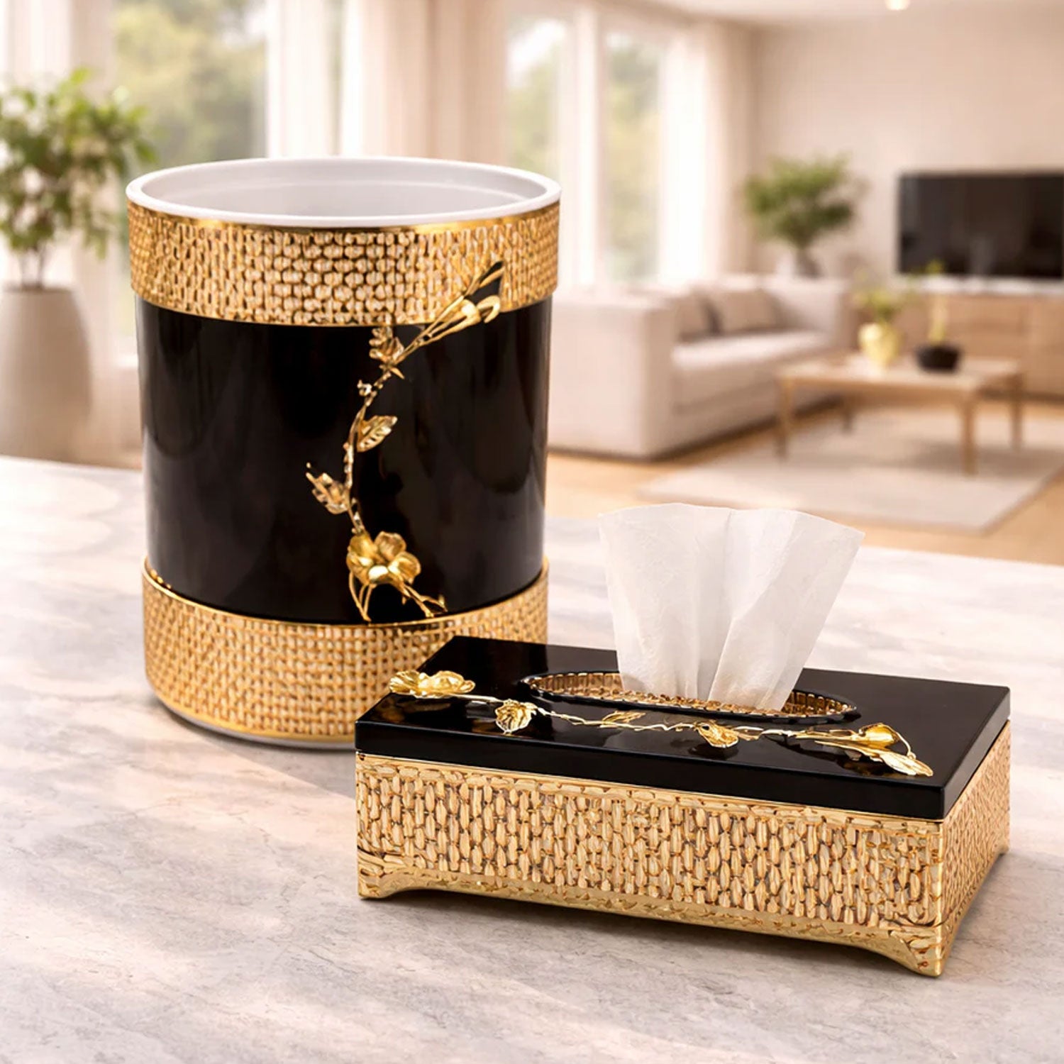 Decorative Tissue Box & Dustbin Set