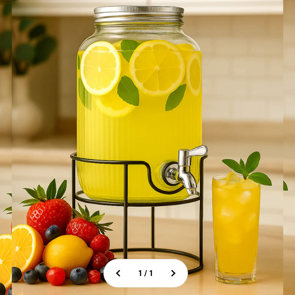 ELEGANT GLASS WATER BEVERAGES DISPENSER 8 LITRES - METAL STAND