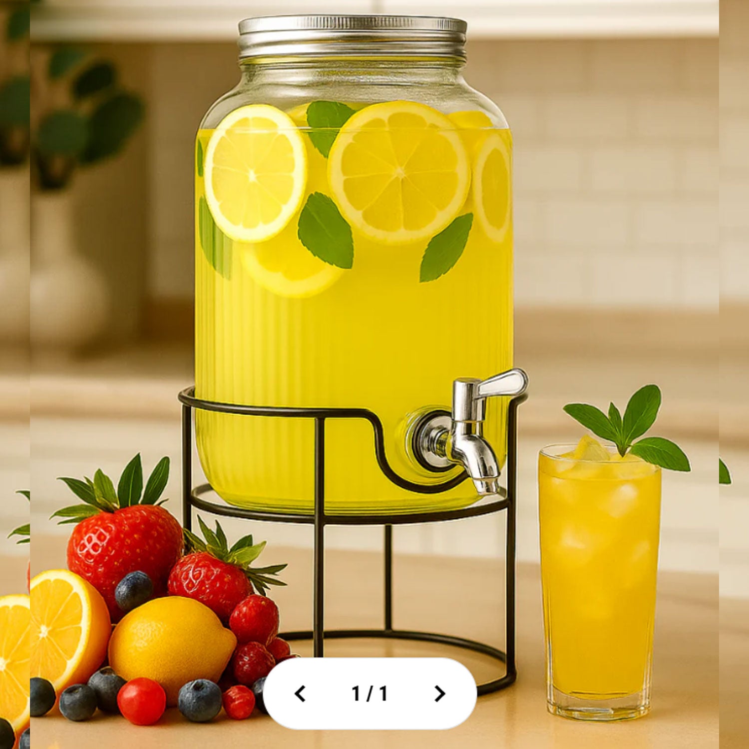 ELEGANT GLASS WATER BEVERAGES DISPENSER 8 LITRES - METAL STAND