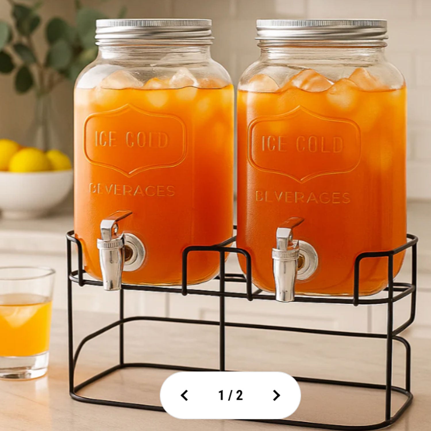 ELEGANT GLASS WATER BEVERAGES DISPENSER 8 LITRES - METAL STAND