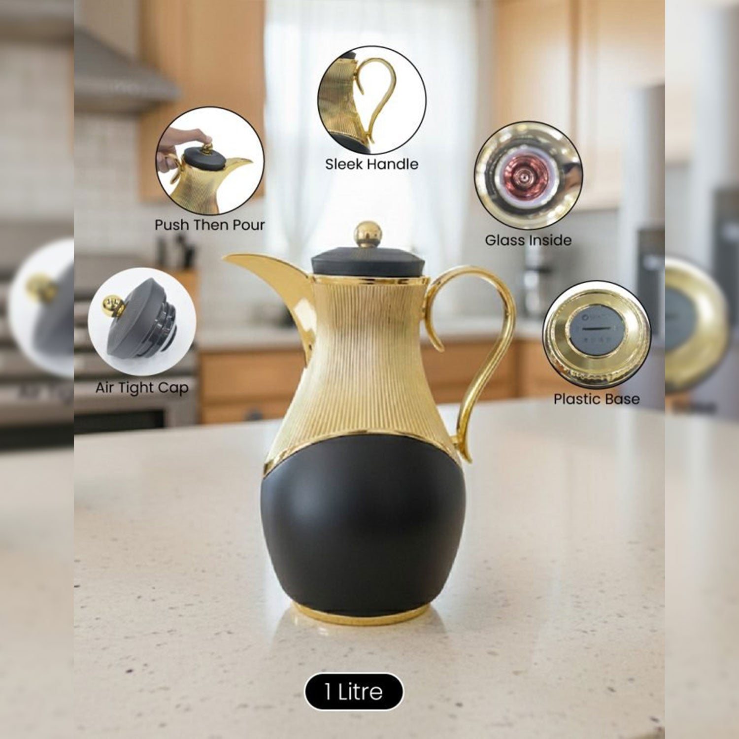 Elegant 1 Litre Thermal Carafe – Gold Trim with Glass Interior