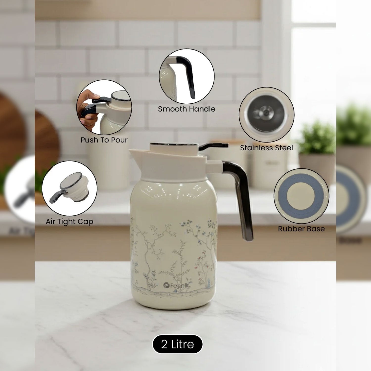 Feenik 2-Litre Premium Floral Thermos Vacuum Flask – Stainless Steel