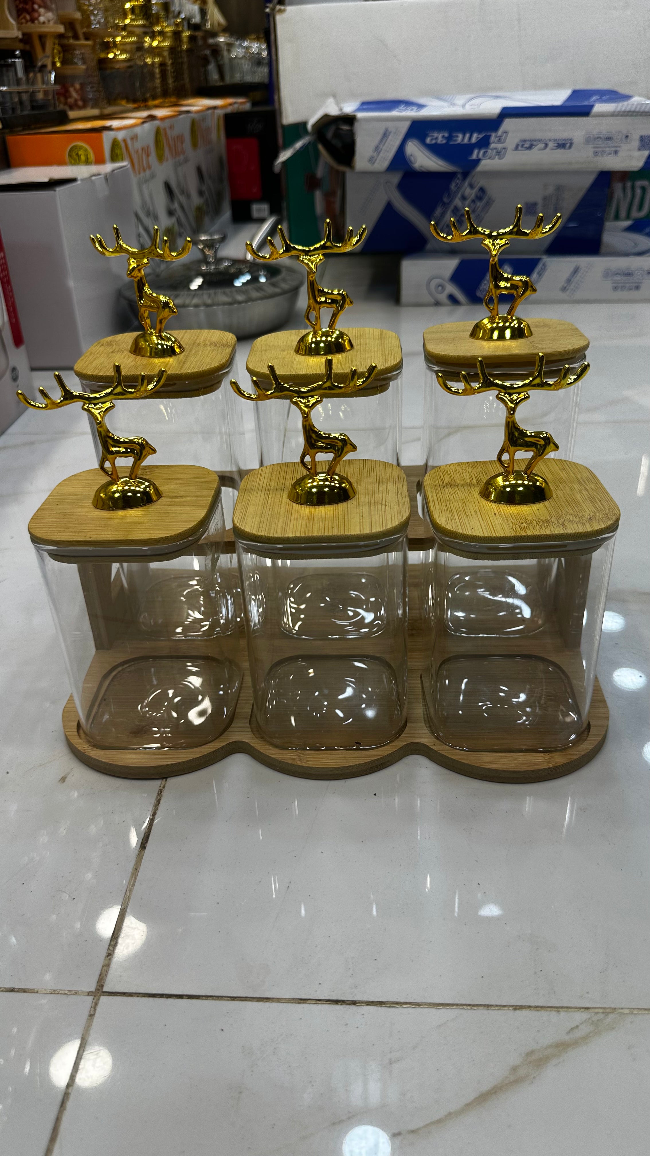 Golden Deer Luxury Kitchen Spice Jar Set – 6-Piece Borosilicate Glass