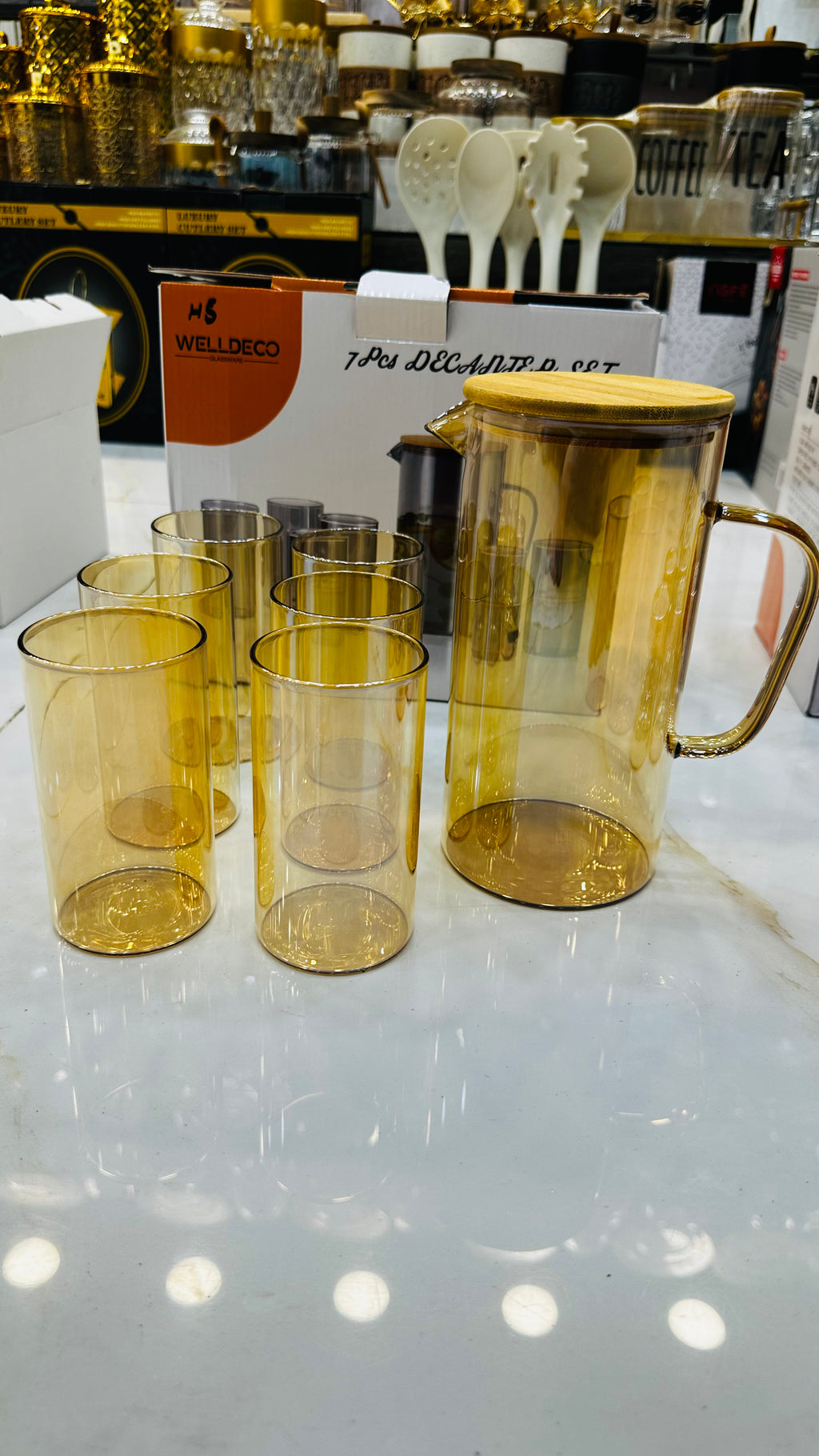 Luxury Amber Glass 7-Piece Decanter & Water Set