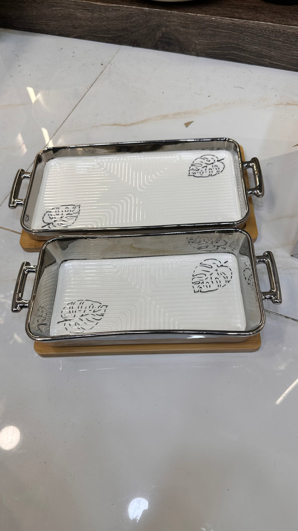 Premium Rectangular Ceramic Serving Tray Set – Luxury Gold & Silver Metallic Rims with Bamboo Base