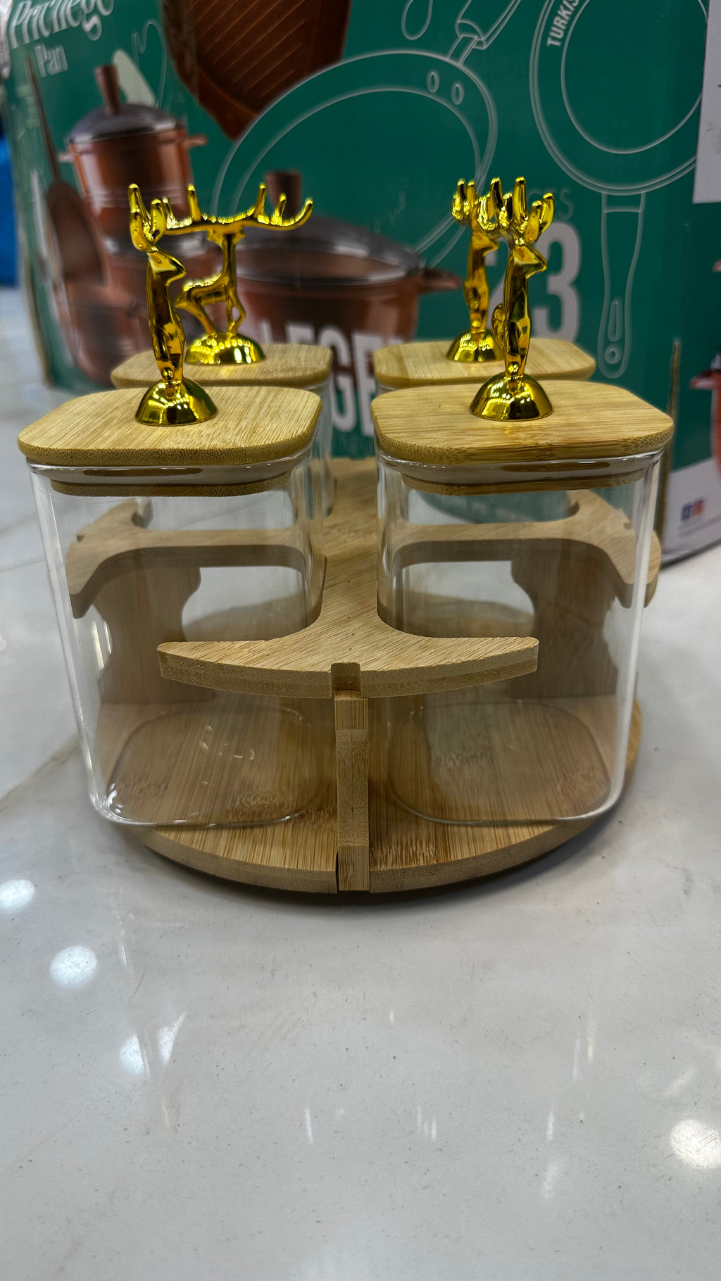 Golden Deer Luxury Revolving Glass Spice Jar Set – 4-Piece