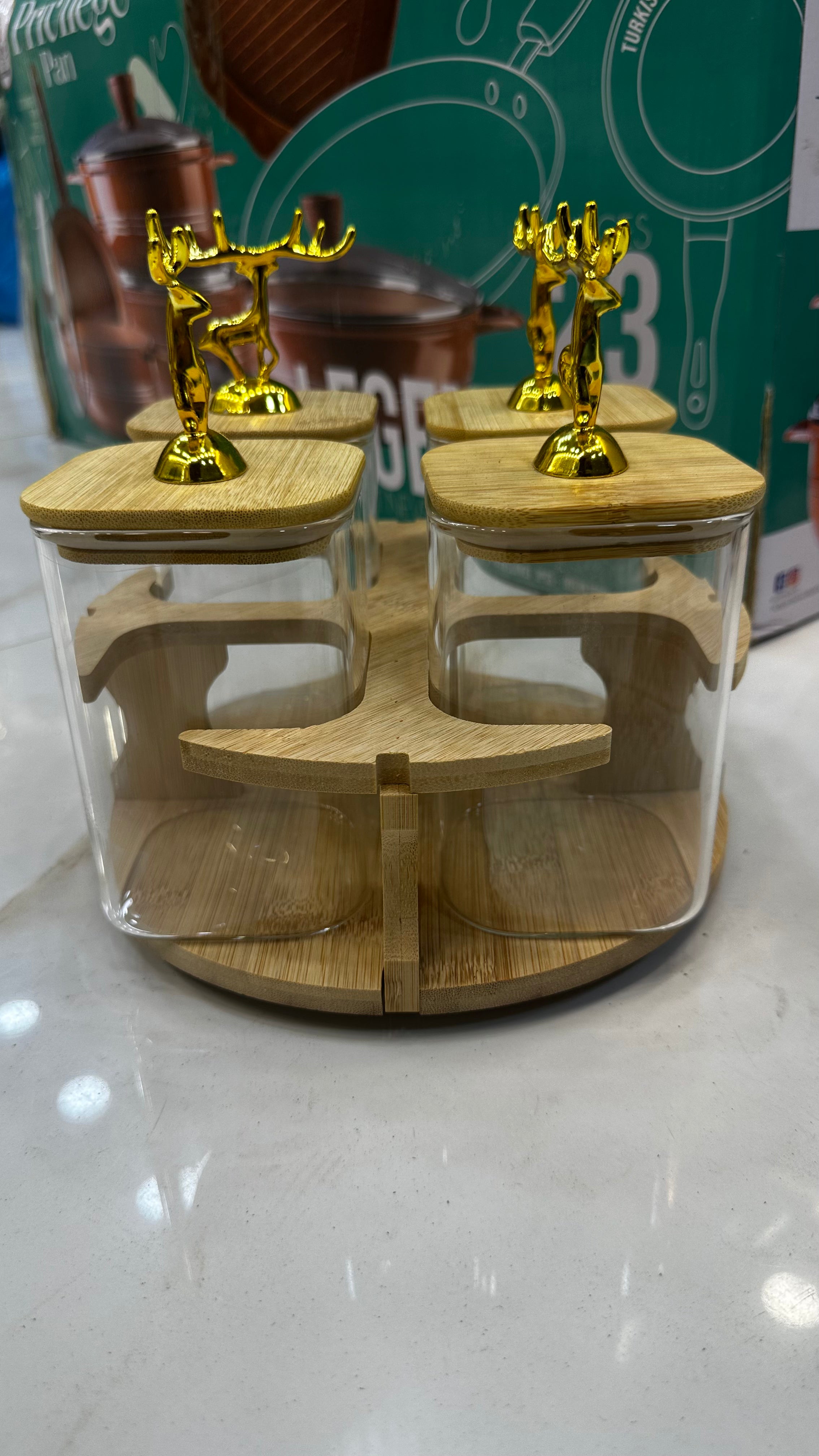 Golden Deer Luxury Revolving Glass Spice Jar Set – 4-Piece