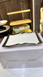 Elegant White Ceramic Serving Platter with Luxury Gold & Silver Wavy Rim and Base