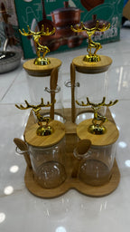 4-Piece Set & 6 Piece Golden Deer Luxury Glass Spice Jar Set (4-PCS) with Spoons & Stand