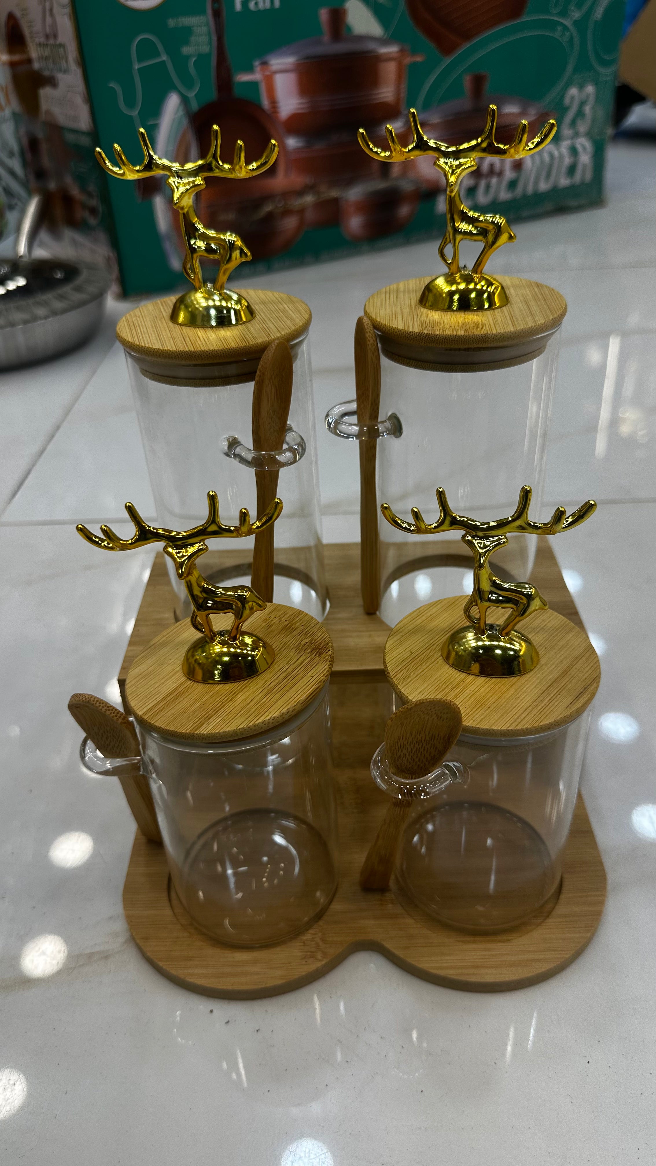 4-Piece Set & 6 Piece Golden Deer Luxury Glass Spice Jar Set (4-PCS) with Spoons & Stand