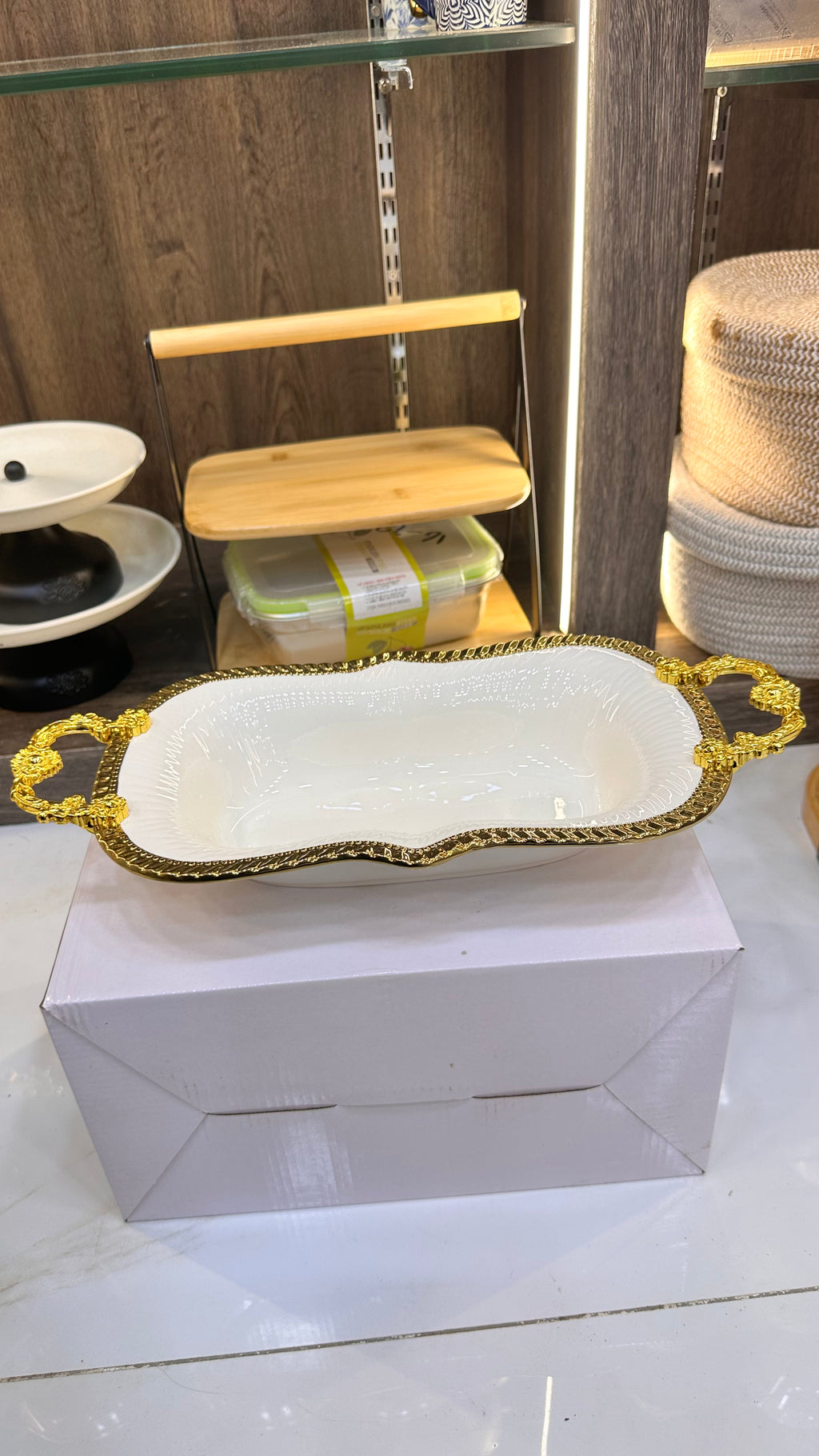 Elegant Cream White and Gold Embossed Serving Dish