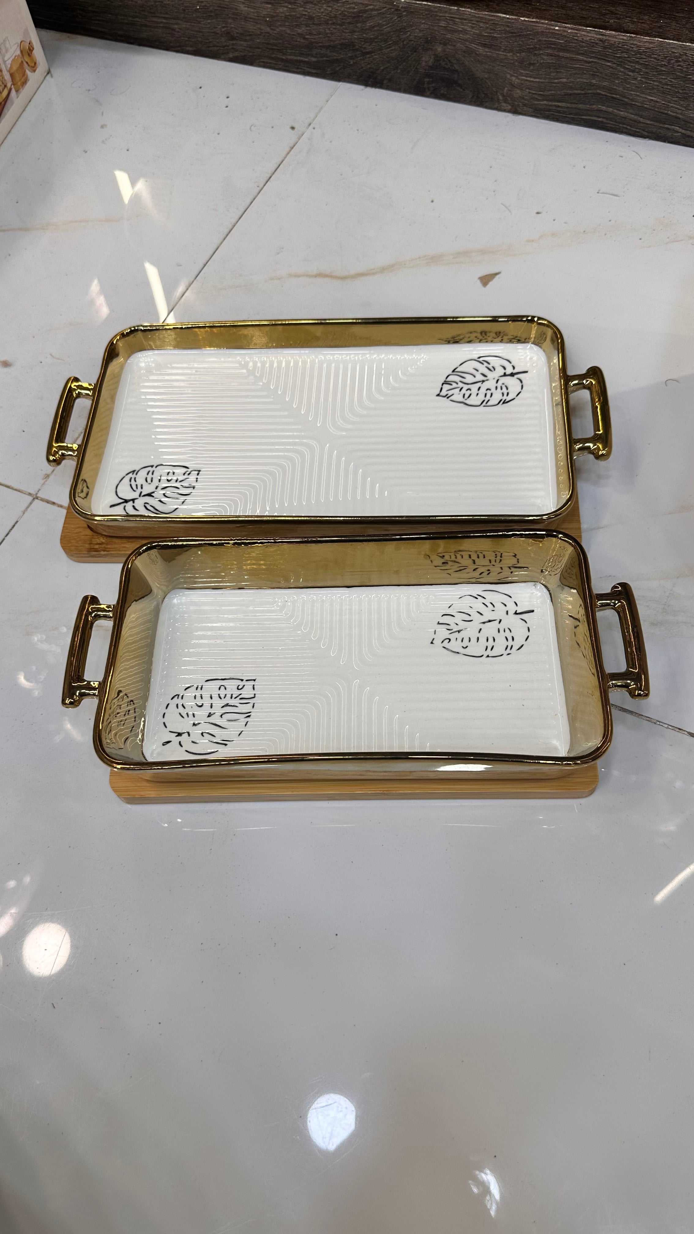Premium Rectangular Ceramic Serving Tray Set – Luxury Gold & Silver Metallic Rims with Bamboo Base