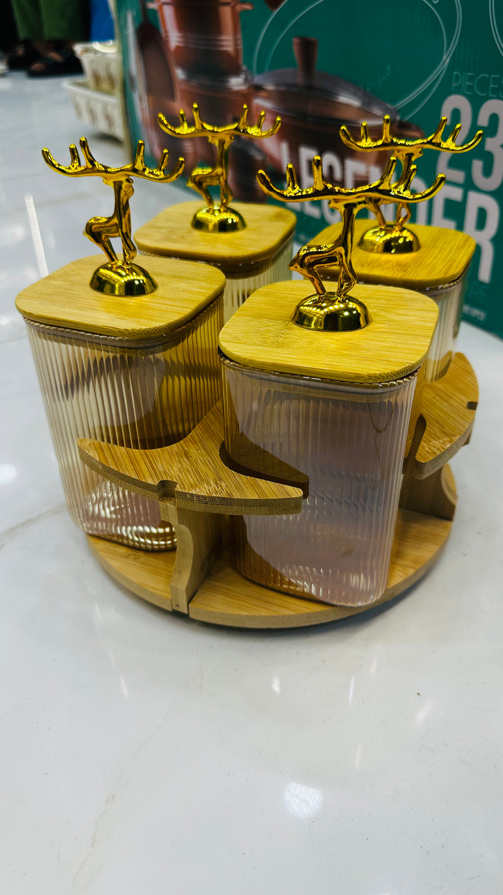 Golden Deer Luxury Ribbed Revolving Spice Jar Set – 4-Piece Fluted Glass