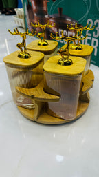 Golden Deer Luxury Ribbed Revolving Spice Jar Set – 4-Piece Fluted Glass
