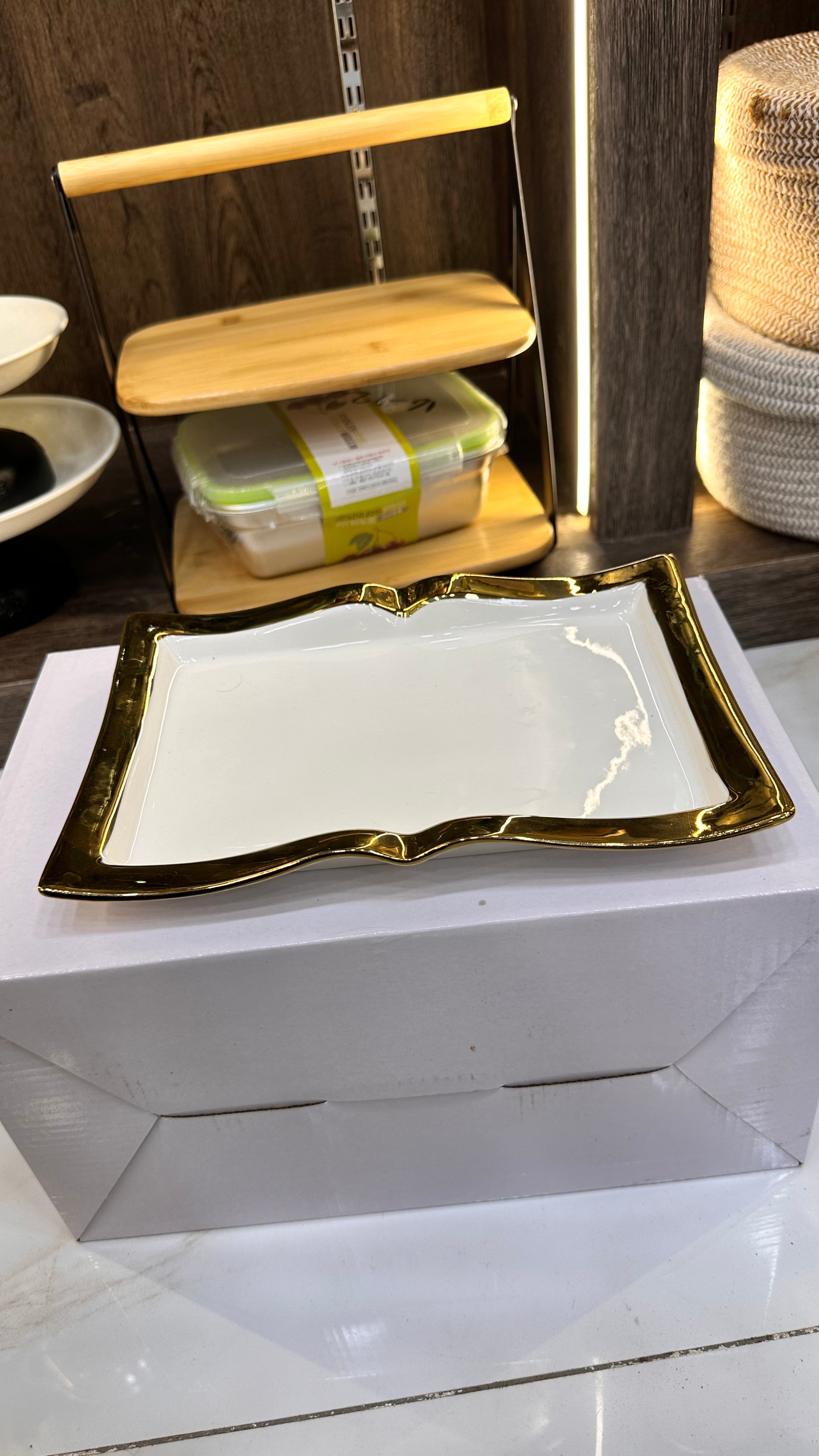 Elegant White Ceramic Serving Platter with Luxury Gold & Silver Wavy Rim and Base