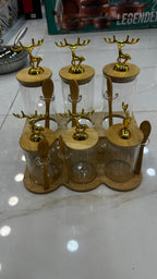 4-Piece Set & 6 Piece Golden Deer Luxury Glass Spice Jar Set (4-PCS) with Spoons & Stand