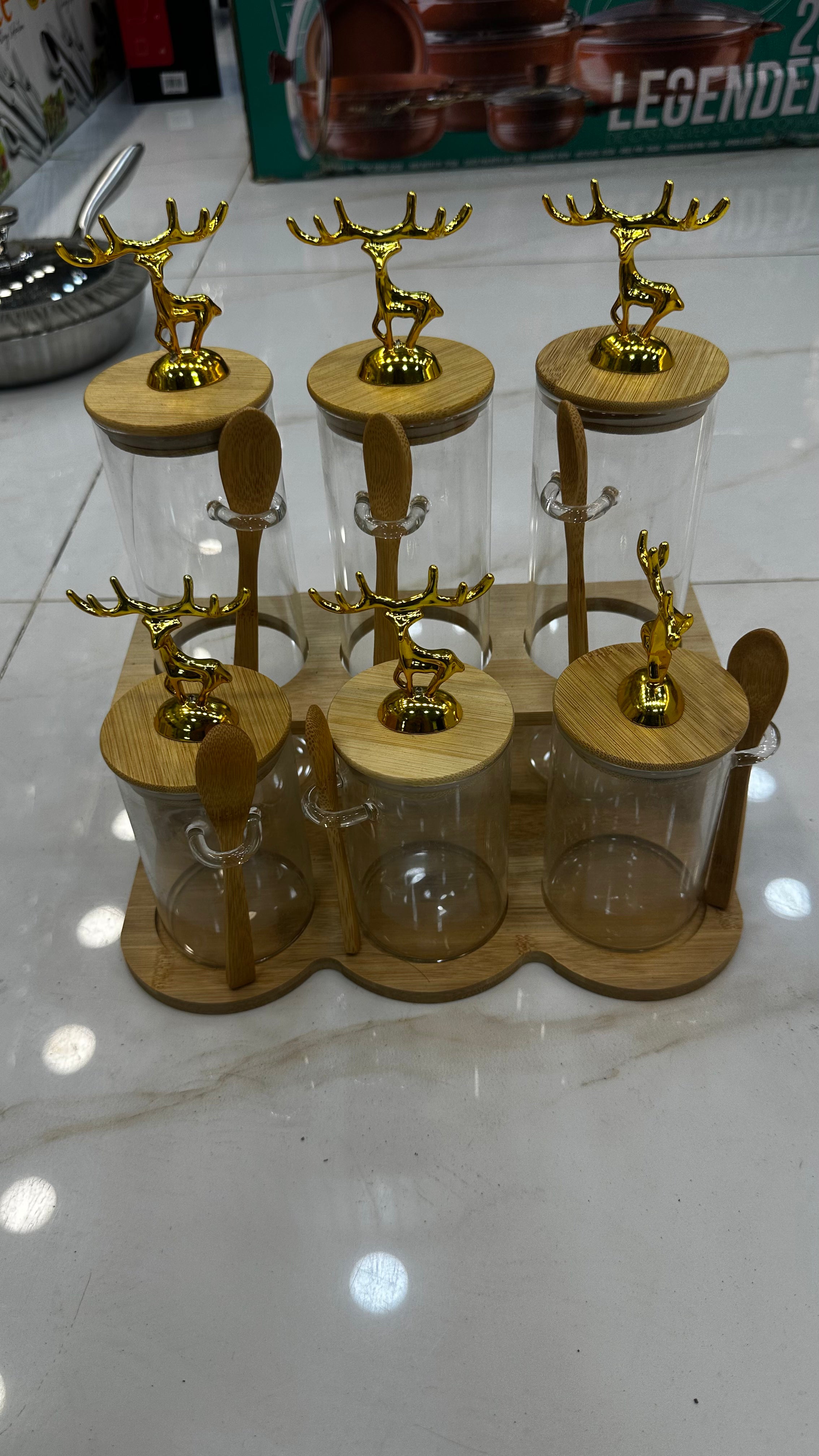 4-Piece Set & 6 Piece Golden Deer Luxury Glass Spice Jar Set (4-PCS) with Spoons & Stand