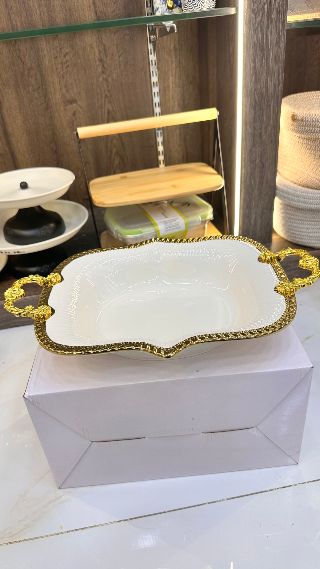 Elegant Cream White and Gold Embossed Serving Dish