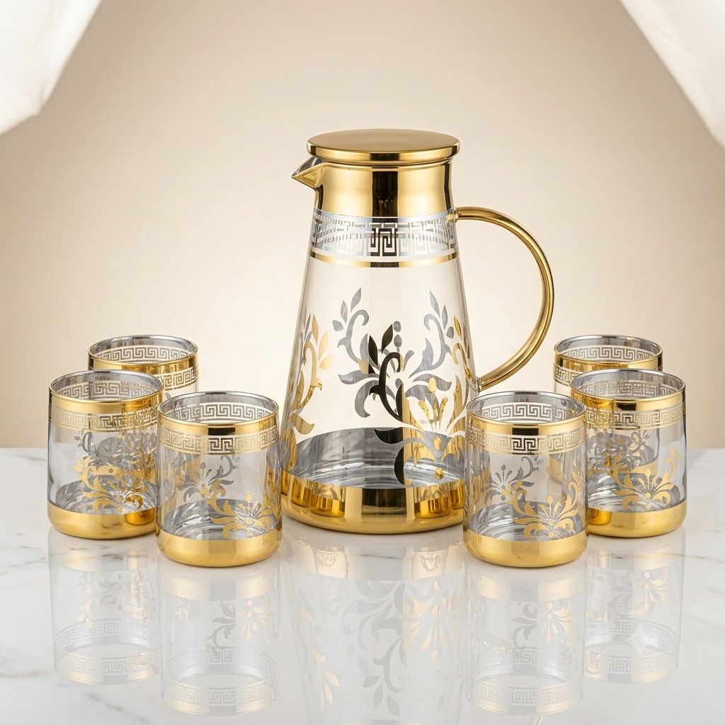 Gold Glass Water Jug Set – Luxury 7-Piece Drinkware Collection