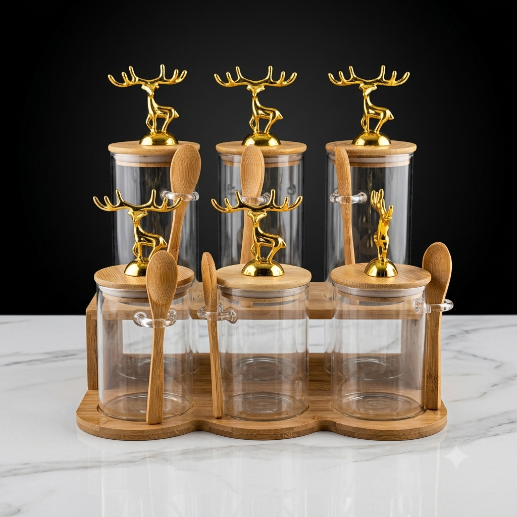 4-Piece Set & 6 Piece Golden Deer Luxury Glass Spice Jar Set (4-PCS) with Spoons & Stand