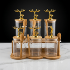 4-Piece Set & 6 Piece Golden Deer Luxury Glass Spice Jar Set (4-PCS) with Spoons & Stand