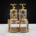 4-Piece Set & 6 Piece Golden Deer Luxury Glass Spice Jar Set (4-PCS) with Spoons & Stand