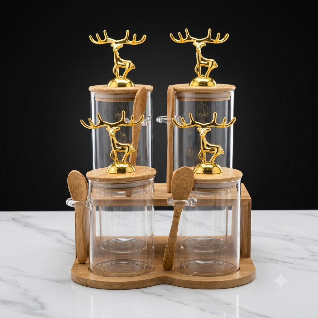 4-Piece Set & 6 Piece Golden Deer Luxury Glass Spice Jar Set (4-PCS) with Spoons & Stand