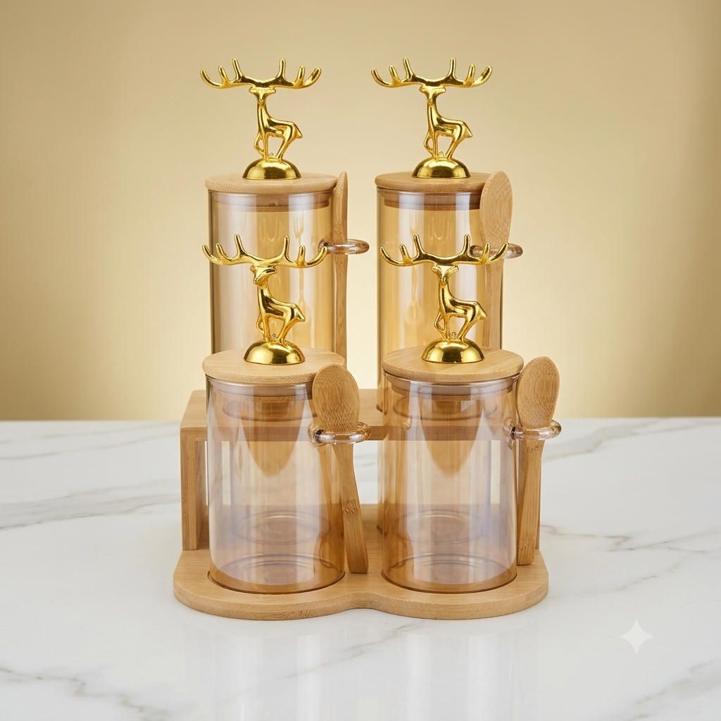Golden Deer Luxury Glass Spice Jar Set (Available in 4-PCS & 6-PCS Configurations)
