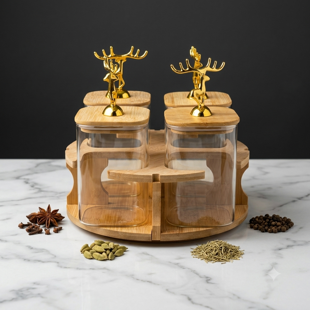 Golden Deer Luxury Revolving Glass Spice Jar Set – 4-Piece