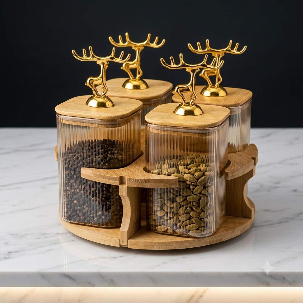 Golden Deer Luxury Ribbed Revolving Spice Jar Set – 4-Piece Fluted Glass