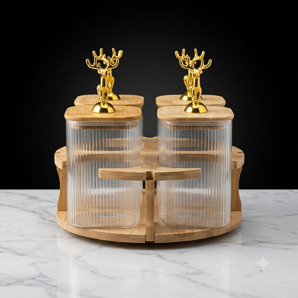 Golden Deer Luxury Ribbed Revolving Spice Jar Set – 4-Piece
