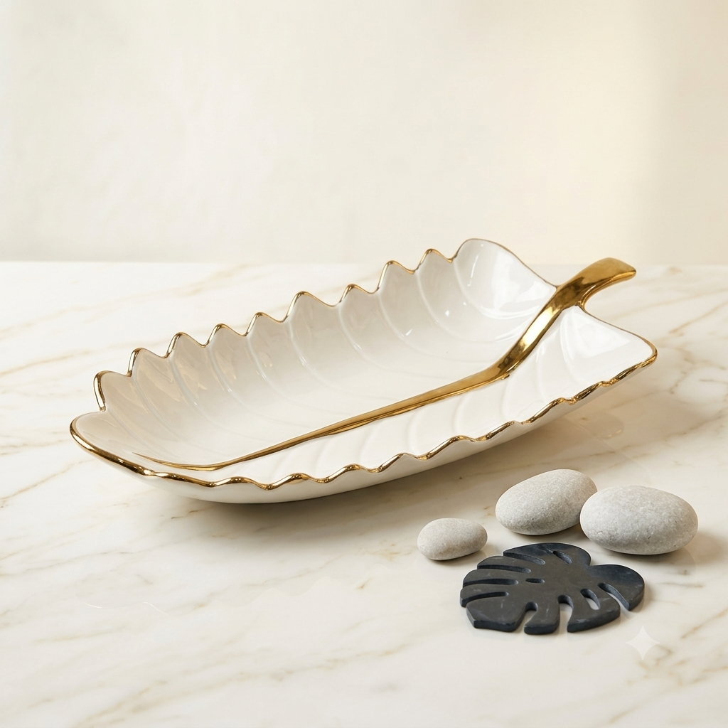 Luxury Leaf Serving Platter: White & Gold