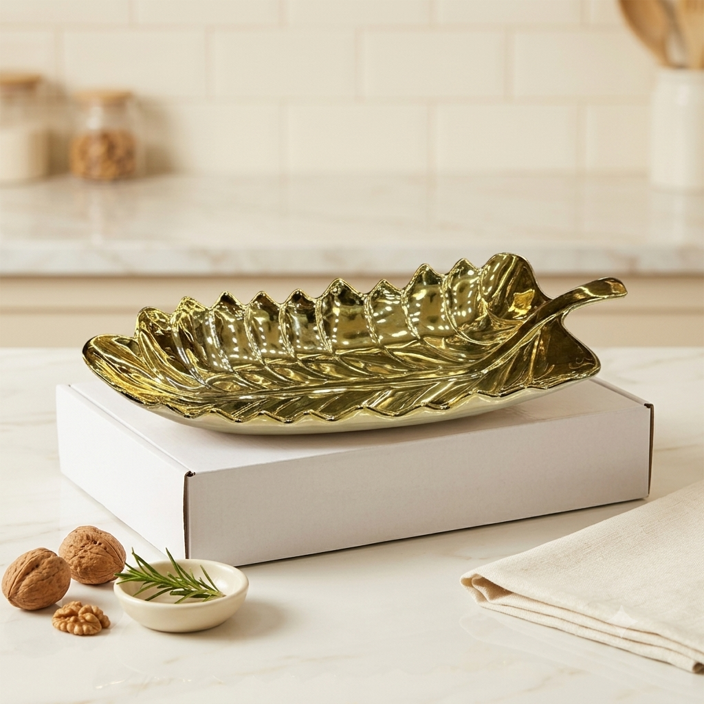 Luxury Leaf Serving Platter: White & Gold