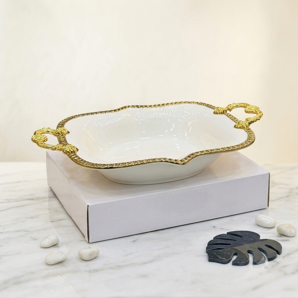 Elegant Cream White and Gold Embossed Serving Dish
