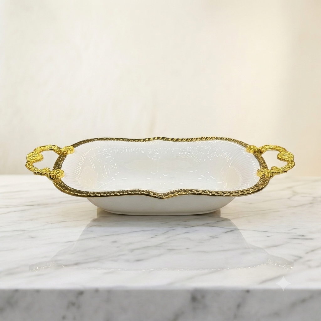 Elegant Cream White and Gold Embossed Serving Dish