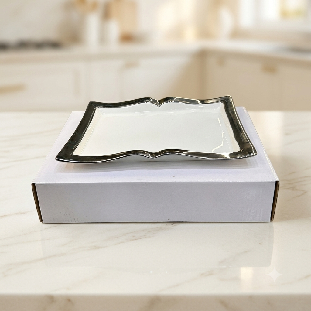 Elegant White Ceramic Serving Platter with Luxury Gold & Silver Wavy Rim and Base
