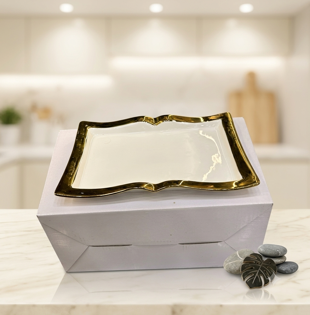 Elegant White Ceramic Serving Platter with Luxury Gold & Silver Wavy Rim and Base