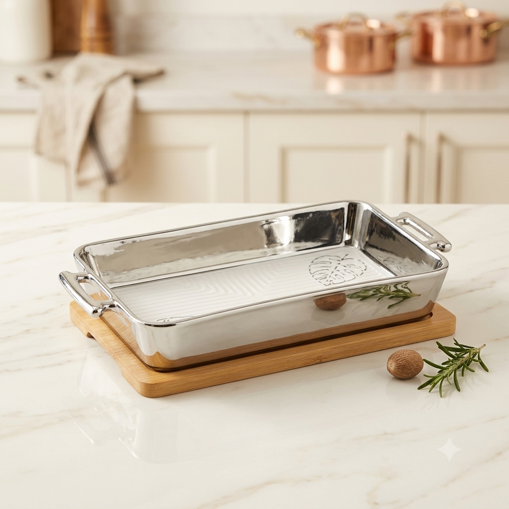 Premium Rectangular Ceramic Serving Tray Set – Luxury Gold & Silver Metallic Rims with Bamboo Base