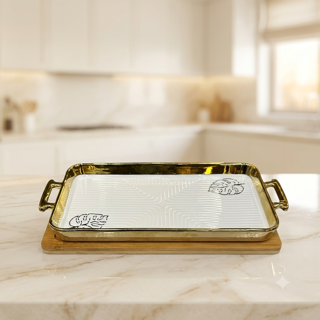 Premium Rectangular Ceramic Serving Tray Set – Luxury Gold & Silver Metallic Rims with Bamboo Base