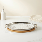 Elegant Oval Ceramic Serving Platter with Monstera Leaf Detail & Wooden Base (Silver Variant)