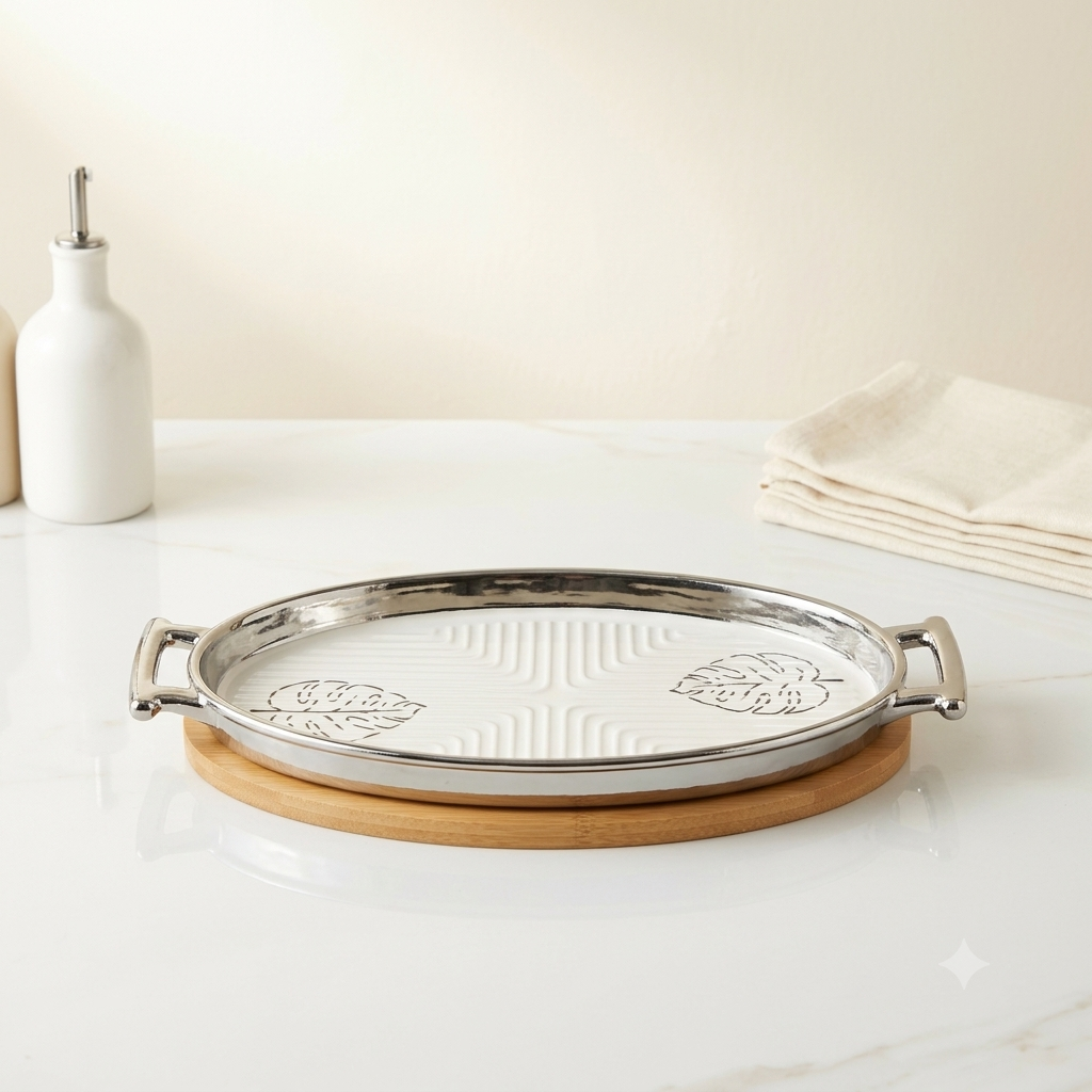 Elegant Oval Ceramic Serving Platter with Monstera Leaf Detail & Wooden Base (Silver Variant)