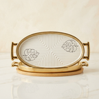 Elegant Oval Ceramic Serving Platter with Monstera Leaf Detail & Wooden Base (Silver Variant)